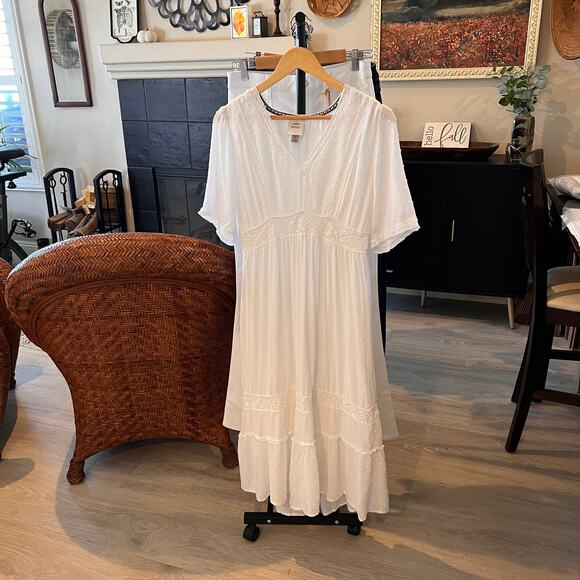 Knox Rose Dress Womens Size Medium Ivory Swiss Dot Peasant Style Tiered Maxi - Picture 16 of 16